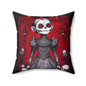 Gothic Skeleton Bride Pillow | Dark Art Decorative Cushion, Creepy Halloween Home Decor, Gothic Horror Throw Pillow, Spooky Red Skull Design