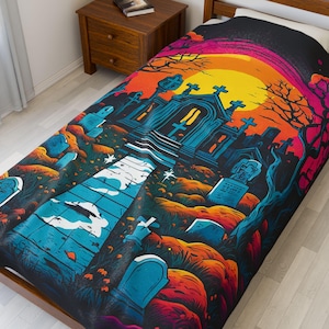 Haunted Friedhof Plüsch Decke, Halloween Samt Überwurf, Bunte Gothic Bettwäsche, Gruselige Gemütliche Dekoration, Gothic Geschenk