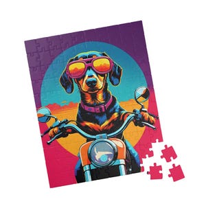 Dachshund Motorcycle Puzzle | Retro Pop Art Dog Gift, Colorful Wiener Dog Jigsaw, Fun Gift for Dog Lovers, Weenie Games
