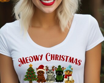 Retro Meowy Christmas Cat Png, Cute Cats Santa Hat & Reindeer Antlers Holiday Sublimation Cat Lovers Shirt Design (Digital Download)