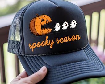 Spooky Pumpkin Season PNG Design, White Ghosts & Orange Pumpkin Shirt Graphic, Halloween Hat Image