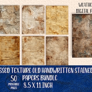50 páginas de álbum de recortes con textura desgastada, fondos envejecidos, papeles para álbumes de recortes y tarjetas con aspecto descolorido y manchado, diseños de impresión neutros, imprimibles.