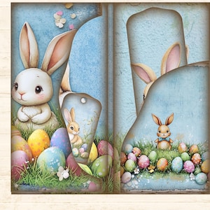 May include: A set of four Easter-themed scrapbook paper featuring bunnies and colorful eggs on a blue background.