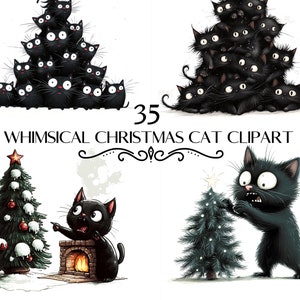 Clipart di un gatto festoso e bizzarro / Clipart di un albero di Natale con un gatto / Grafica natalizia divertente con un gatto / 35 file PNG / Uso commerciale