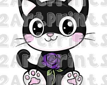 9つのバラと猫のフローラルクリップアート | Cricutカットファイル - PNG SVG | かわいい花の子猫のクリップアート | デジタルシルエット動物グラフィック、商用利用可