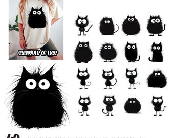 40 Cat Svg Png Clipart Bundle, Cartoon Black Silhouette Kitty Cats, Funny Cute Kitten Animal Shirt Designs | Commercial Use