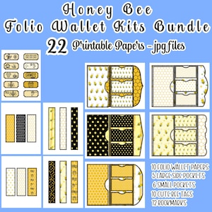 Bee Junk Journal Kit Folding Folio Folder Yellow Black Paper Craft Project DIY Printable Ephemera Pockets Bookmarks Labels Tags