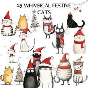 Whimsical Festive Cat Designs - 25 Whimsical Holiday Cat Clipart Graphics - Transparent Backgrounds High Resolution PNG Files Commercial Use
