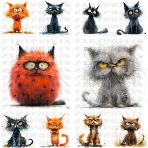 24 Funny Fluffy Frazzled Cat Clipart | Expressive Cartoon Cats For Birthday Cards, Invitation, Apparel Clipart, Shirt, Mug, Sticker,Wall Art