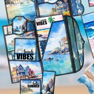 Beach Junk Journal Kit Folding Folio Summer Folder Ocean Paper Craft Project DIY Printable & Ephemera Pockets Bookmarks Tags Envelopes