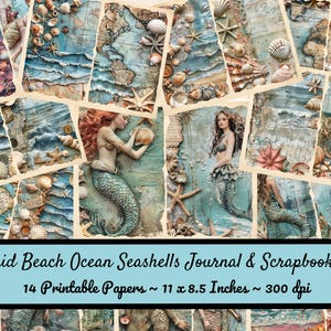 Ocean Mermaid Junk Journal Beach Kit | Mermaid Digital Paper for Scrapbooking, Sea Digital Paper, Marine Journal Pages, Underwater Page JPG