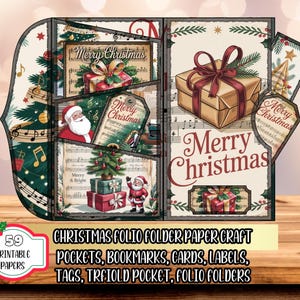 Merry Christmas Junk Journal Kit Folio Folding Folder Paper Craft Project DIY Printable With Ephemera: Pockets, Bookmarks, Cards,Labels,Tags
