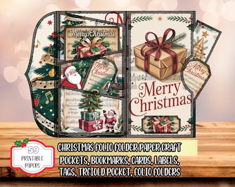 Printable Folio Kit: Merry Christmas Paper Craft | Trifold Folders With Pockets, Tags, Labels, Bookmarks, & Cards | Junk Journal Papers