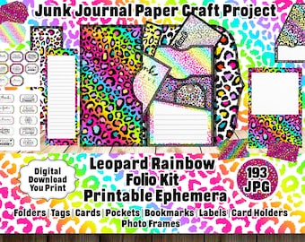 Printable Colorful Leopard Trifold Folio Kit, DIY Junk Journal Folding Paper Craft With Pockets, Tags, Photo Frames, Bookmarks,Cards,193 JPG