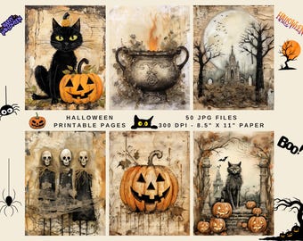 May include: A collection of Halloween-themed printable pages. The images feature a black cat with a pumpkin, a cauldron with flames, a spooky church, skeletons, carved pumpkins, and a black cat. The text reads "Halloween Printable Pages".