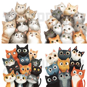 Cute Whimsical Cartoon Cats Clipart | For Handmade Cards, Card Making, Scrapbook, Ephemera, Junk Journals | Photo Of Cats | 24 JPG