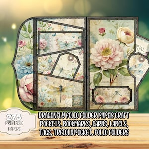 Zestaw do druku Folio: Papierowe rękodzieło Ważka | Teczki składane na trzy części z kieszonkami, metkami, zakładkami, etykietami i kartkami | Papiery do dziennika w stylu shabby chic