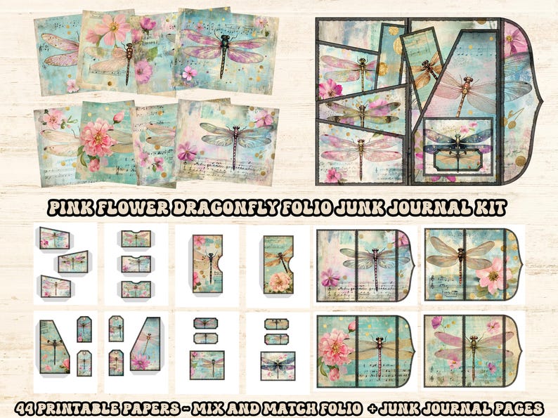 Printable Dragonfly Folio Kit, DIY Junk Journal Folding Trifold Paper ...