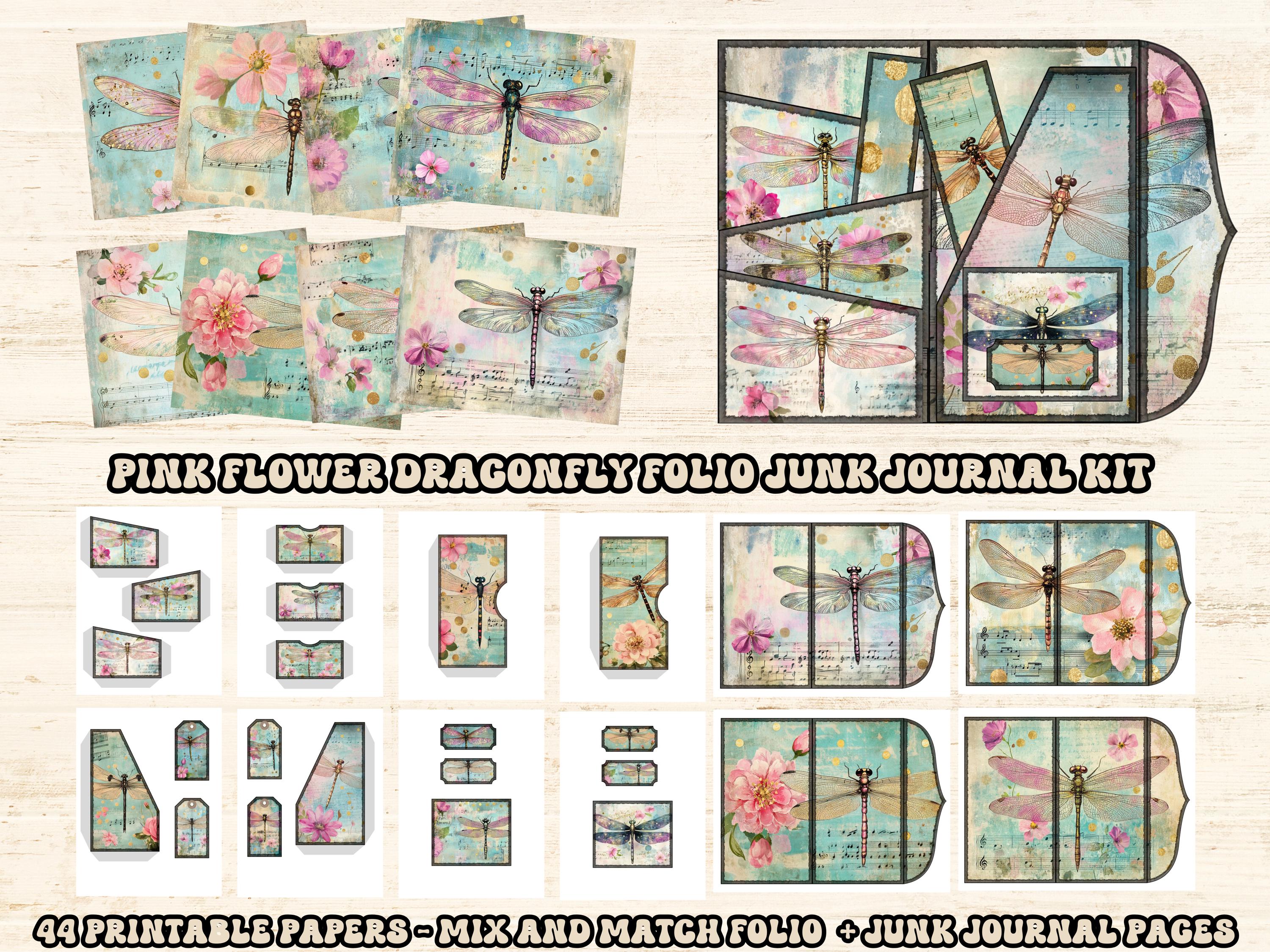 Shabby Chic Dragonfly Junk Journal Kit Folding Folio Folder DIY Paper ...