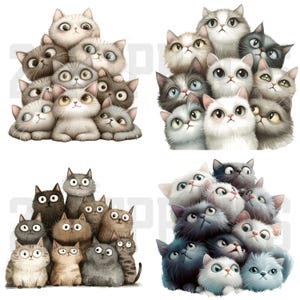 24 grillige katten foto-illustraties, aquarel clipart JPG, ongewenste dagboek, plakboek, kaarten maken, digitale download, fantasie, eigenzinnig katje