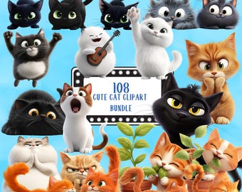 108 Cute Cat Clipart, PNG Cartoon Cats & Kitten Bundle (Commercial Use)