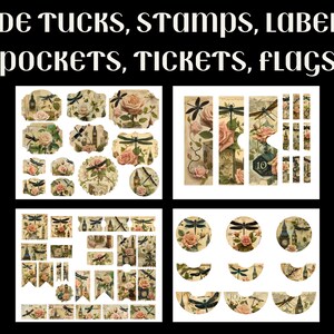 May include: A collection of vintage-style digital scrapbook paper featuring images of dragonflies, flowers, and other decorative elements. The paper is perfect for creating cards, invitations, and other paper crafts.