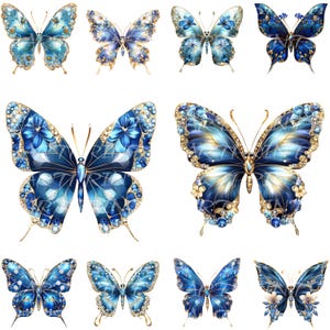 Designs de sublimação de clipart de borboletas azuis de flores de luxo | Flores e borboletas | Pacote de clipart de design de arte floral de borboletas