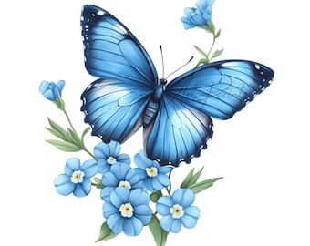 11 vårblommor med fjärilar i PNG-format | Botaniska bilder av sommarblå blommor | Clipart med trädgårdsfjärilar | Kommersiellt bruk