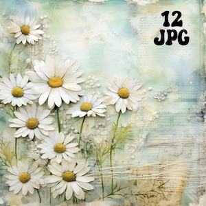 Collage décoratif marguerite shabby chic 12 JPG | Clipart | Prairie fleurie | Papiers numériques Junk Journal | Marguerite de printemps | Pages de fleurs à imprimer
