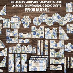 May include: A collection of blue and white ephemera for junk journals, scrapbooking, and paper crafts. The pieces feature floral and butterfly designs, with some labeled "Post Card". The text "WILDFLOWER BUTTERFLY EDHEMERA FOR JONK JOURNALS, SCRAPBOOKING, & PAPER CRAFTS MEGA BUNDLE" is visible.