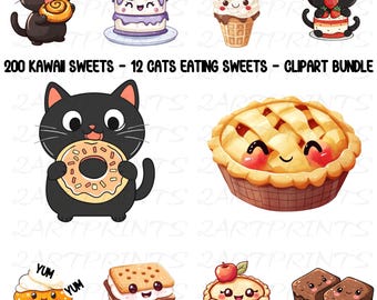 200 süße Backen Clipart Dessert Süßigkeiten PNG Bündel | Kawaii Bäckerei Katzen | Druckbar | Kommerzielle Nutzung