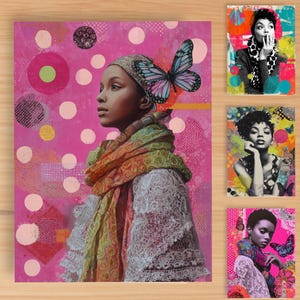 May include: A mixed media artwork featuring a portrait of a person with a butterfly and a headscarf, set against a pink background with circles and patterns. Additional smaller portraits are included.