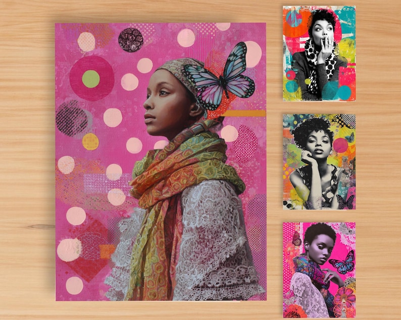 May include: A mixed media artwork featuring a portrait of a person with a butterfly and a headscarf, set against a pink background with circles and patterns. Additional smaller portraits are included.