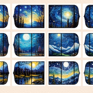 May include: A collection of twelve framed art prints, each depicting a landscape scene viewed through a window. The artwork features a palette of blues, yellows, and whites, with starry night and moonlit scenes. The style is reminiscent of impressionistic paintings.