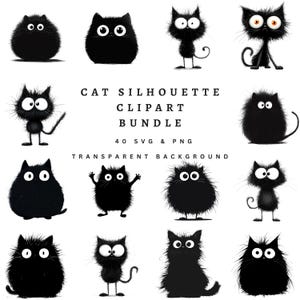Cute Cartoon Black Cat SVG Silhouette Bundle Clipart Cut File Vector Cat Shirt svg dtf Kitty Sublimation, 40 Designs