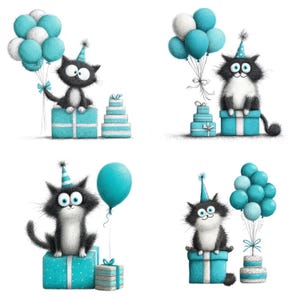 May include: Four illustrations of cartoon cats celebrating a birthday. Each cat wears a party hat and sits on a gift box. Balloons and a cake are also present. The color scheme is black, white, and turquoise.