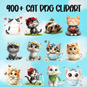 Cat Clipart Png MEGA BUNDLE, Flower Butterfly Cat, Funny Whimsical Animal Wall Art, & Printable Papers | Commercial Use