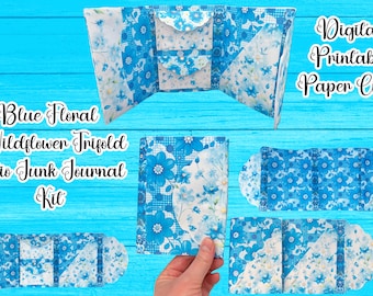 Blue Floral Folding Trifold Folio With Pockets For Junk Journal Kit, Summer Folio, Spring Folio, Flower Folio, Printable Folio, Paper Craft
