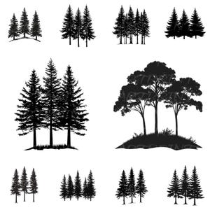Silhouette di albero, foresta, SVG, clipart vettoriale, PNG, abete rosso, pino, file di taglio Cricut, clipart di albero nero, alberi