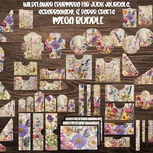 Op de afbeelding: Een verzameling ephemera voor junk journals, scrapbooking en papierknutselwerk. De ontwerpen tonen aquarel wilde bloemen in verschillende vormen, waaronder labels, zakken en ansichtkaarten. De tekst op de afbeelding luidt "WILDFLOWER EPHEMERA FOR JUNK JOURNALS, SCRAPBOOKING, & PAPER CRAFTS MEGA BUNDLE."