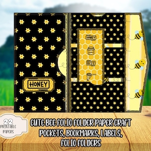 Printable Folio Kit: Honey Bee Paper Craft | Folders With Cute Yellow Black Patterned Pockets, Labels, & Bookmarks | Junk Journal Papers