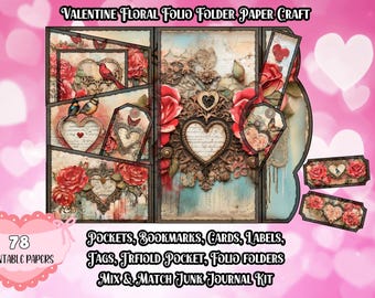Kit imprimible de tríptico floral para San Valentín, manualidad de papel plegable para diario creativo con bolsillos, etiquetas, marcadores y tarjetas, 78 JPG