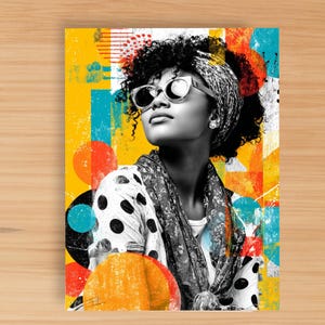May include: A vibrant art print featuring a woman in sunglasses and a headscarf, set against a colorful abstract background. The woman is wearing a polka dot shirt and scarf. The background includes yellow, orange, blue, and red shapes.