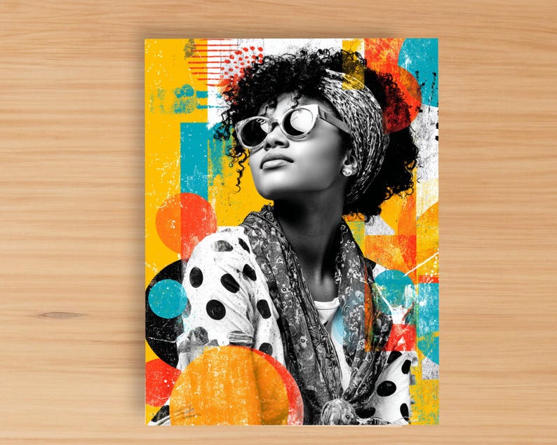 May include: A vibrant art print featuring a woman in sunglasses and a headscarf, set against a colorful abstract background. The woman is wearing a polka dot shirt and scarf. The background includes yellow, orange, blue, and red shapes.