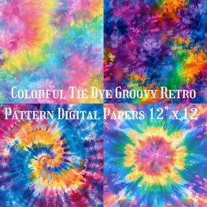 Puede incluir: Cuatro patrones coloridos de teñido anudado en un estilo retro groovy. Los papeles digitales miden 30,48 cm x 30,48 cm y presentan remolinos de rosa, amarillo, azul, naranja y morado. La imagen incluye el texto "Colorful Tie Dye Groovy Retro Pattern Digital Papers 12" x 12".