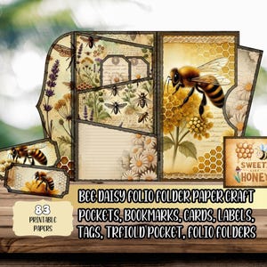 Bee Junk Journal Kit Vikbar Folio DIY | Prydnadsblommor Fickor, Etiketter, Kort, Etiketter, Bokmärken, Ephemera, Utskrivbart Scrapbookingpapper