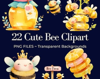 22 Honey Jar Bee Clipart PNG Bundle, Cute Watercolor Images, Beehive Designs, Spring Bees Graphics, Summer Bumblebees (Commercial Use)