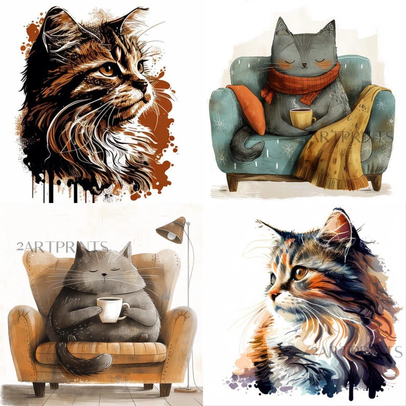 Cat PNG Clipart, Quirky Cats Clip Art, Cat & Kitten Images, Cute Cat Graphics, Funny Whimsical Kitty Cats Art Digital Bundle