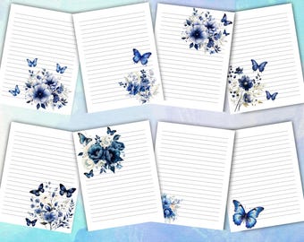 12 papiers floraux papillons bleus lignés imprimables, pages de papeterie fleurs papillons, papier artisanal pour cahier, papier à lettres pour cartes florales