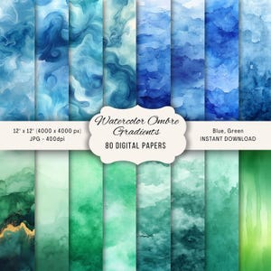 Zestaw 80 cyfrowych papierów akwarelowych do tła, tło w odcieniu ombre, tekstura niebiesko-zielona, papier do scrapbookingu (do użytku komercyjnego)